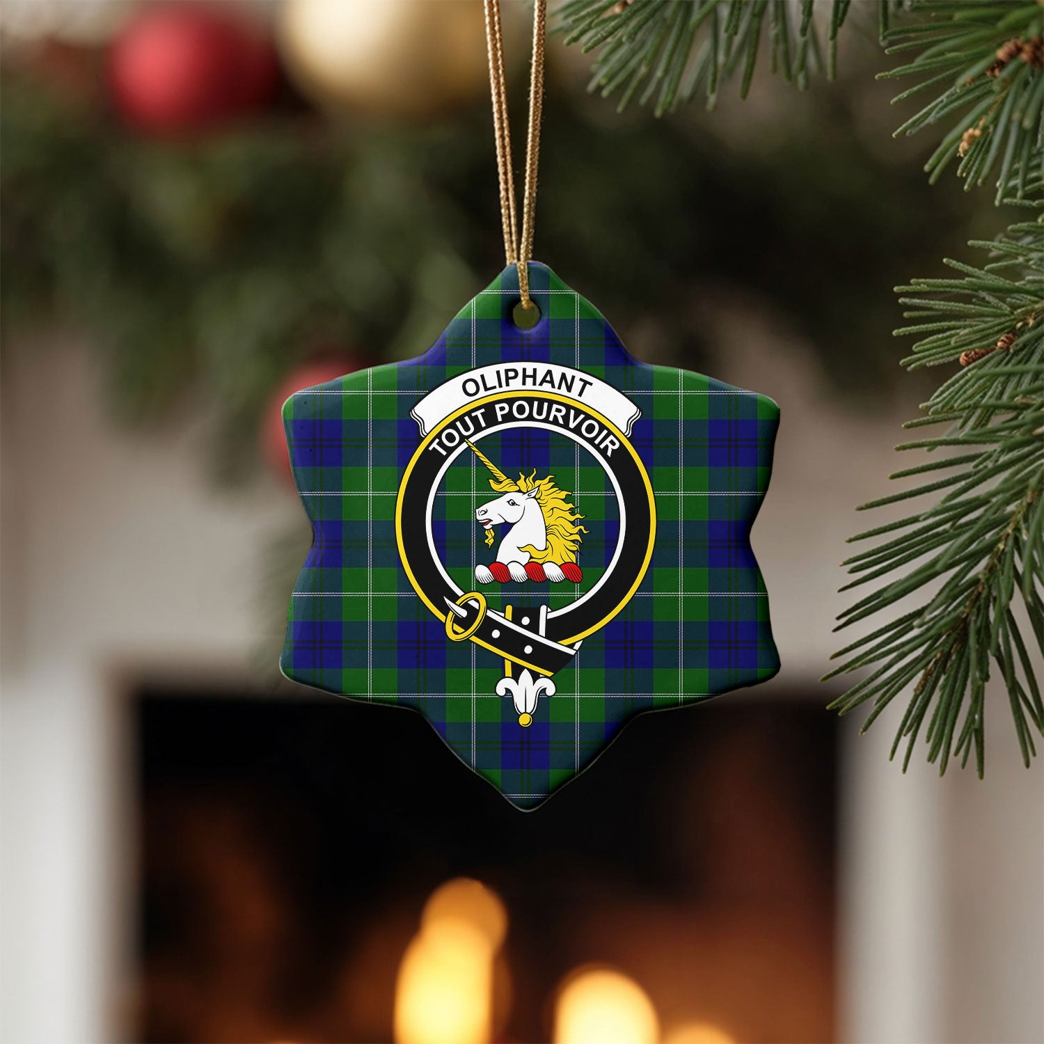 Oliphant Modern Tartan Crest Christmas Ceramic Ornament