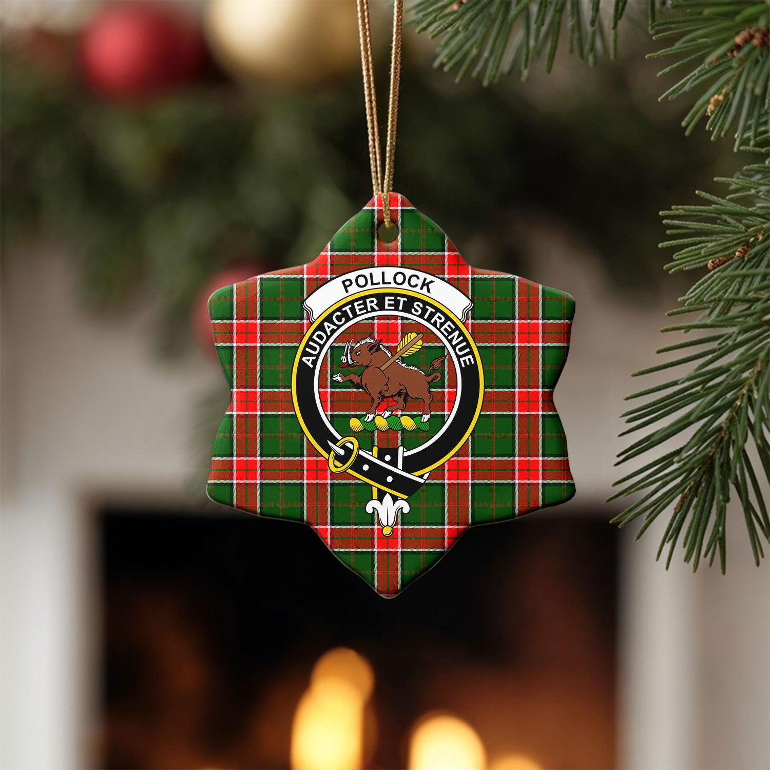 Pollock Tartan Crest Christmas Ceramic Ornament