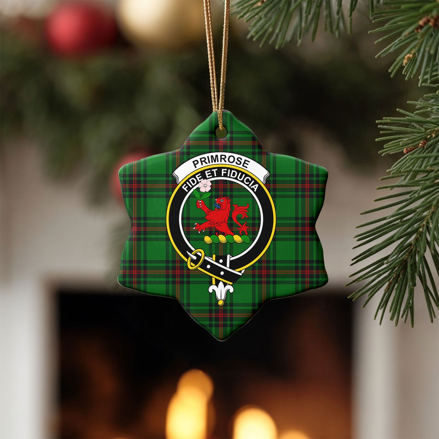 Primrose Tartan Crest Christmas Ceramic Ornament