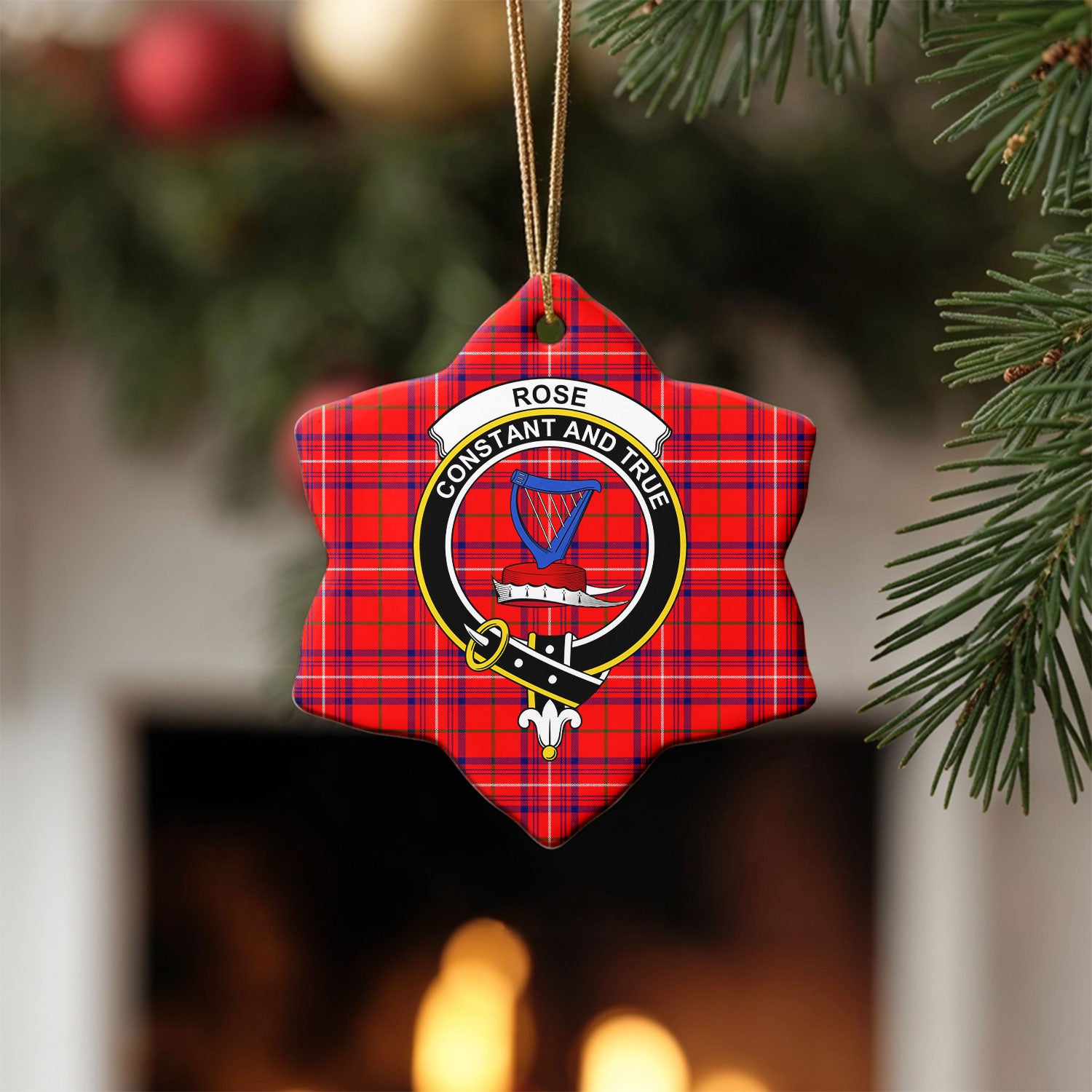 Rose Modern Tartan Crest Christmas Ceramic Ornament