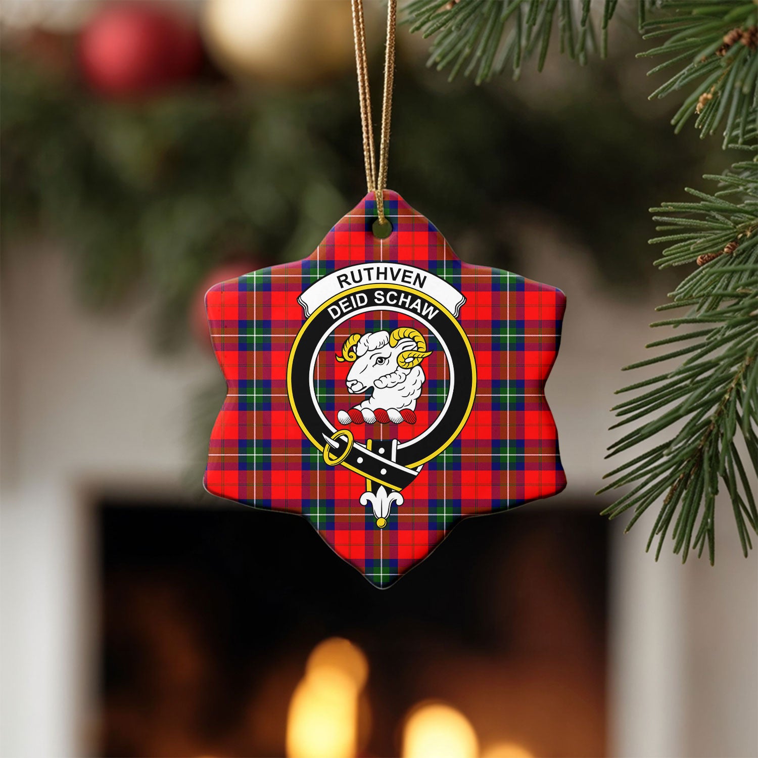Ruthven Modern Tartan Crest Christmas Ceramic Ornament
