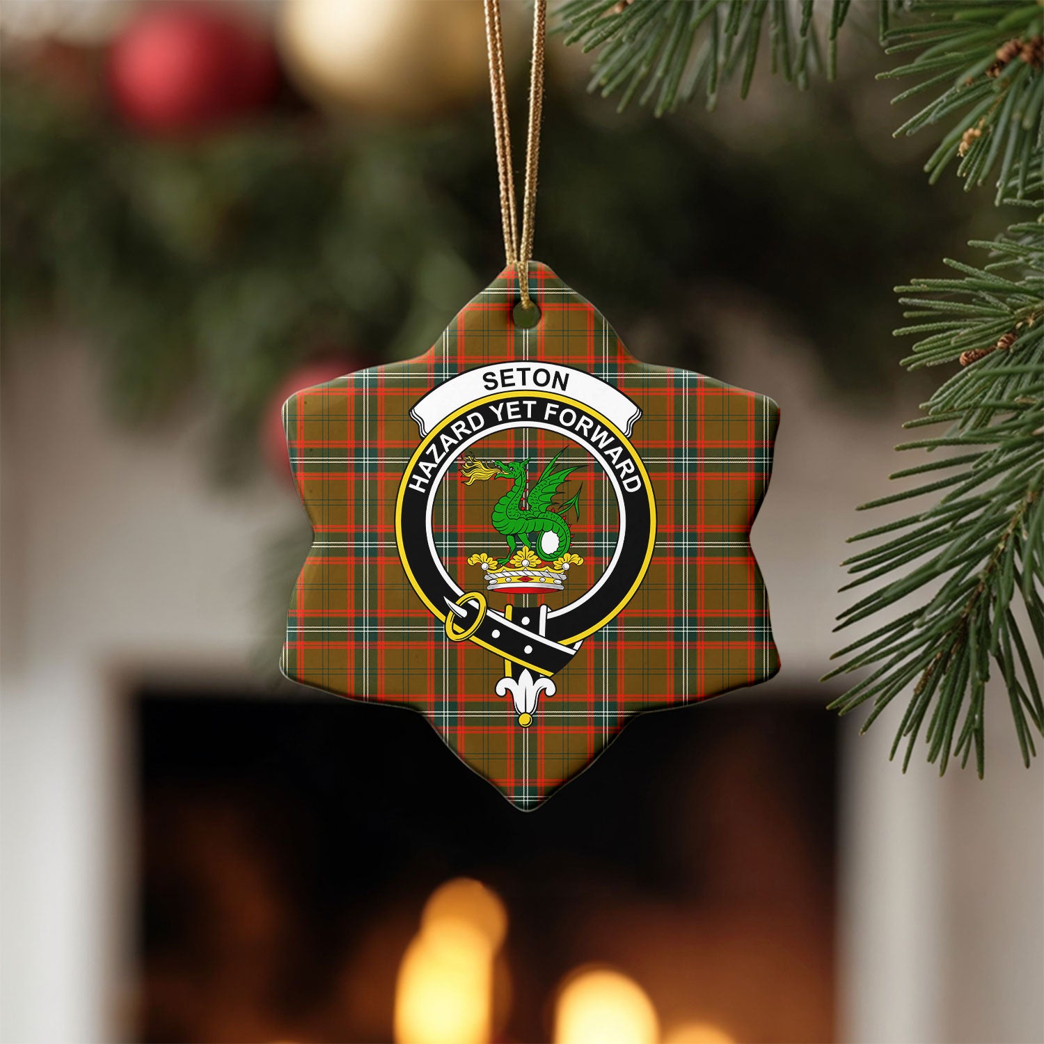Seton Hunting Modern Tartan Crest Christmas Ceramic Ornament