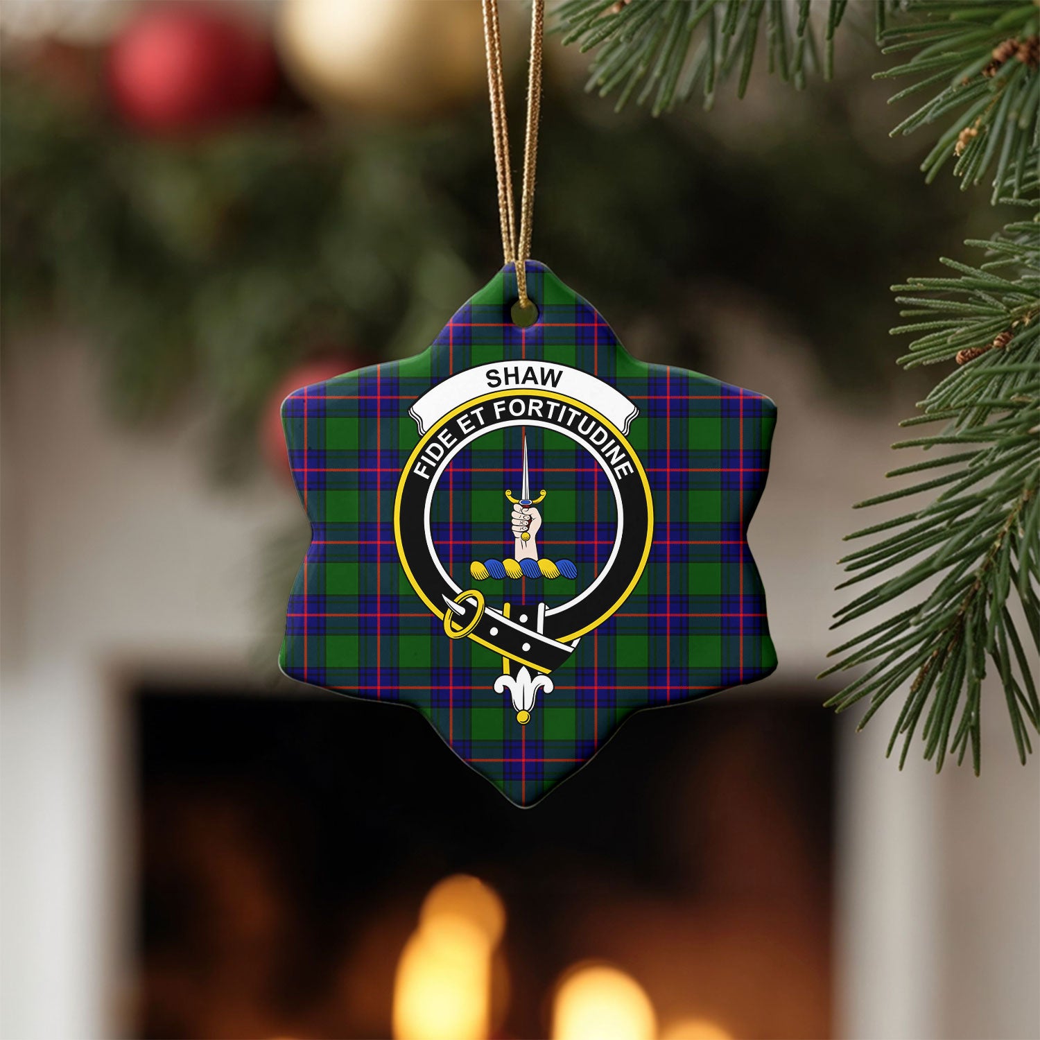 Shaw Modern Tartan Crest Christmas Ceramic Ornament