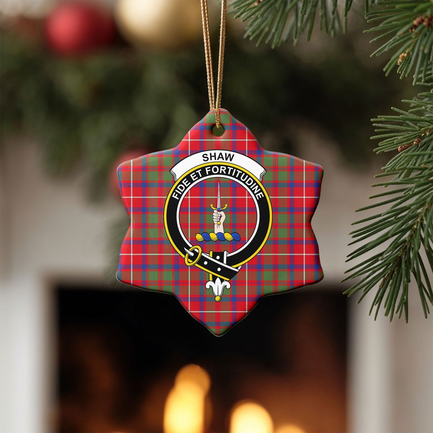 Shaw Red Modern Tartan Crest Christmas Ceramic Ornament