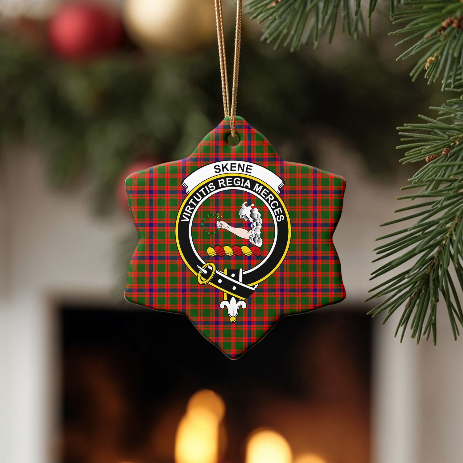 Skene Modern Tartan Crest Christmas Ceramic Ornament