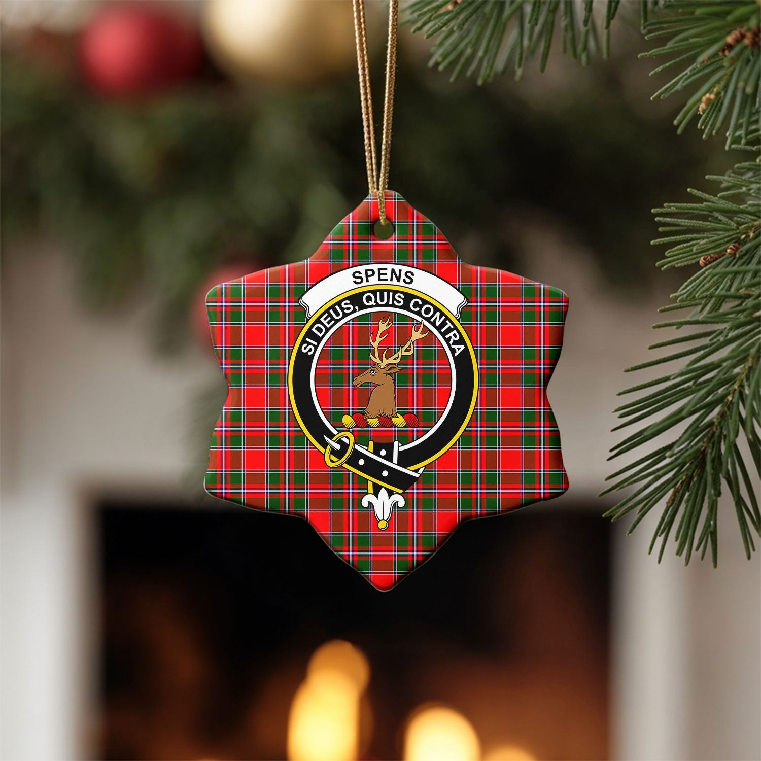 Spens (or Spence) Tartan Crest Christmas Ceramic Ornament