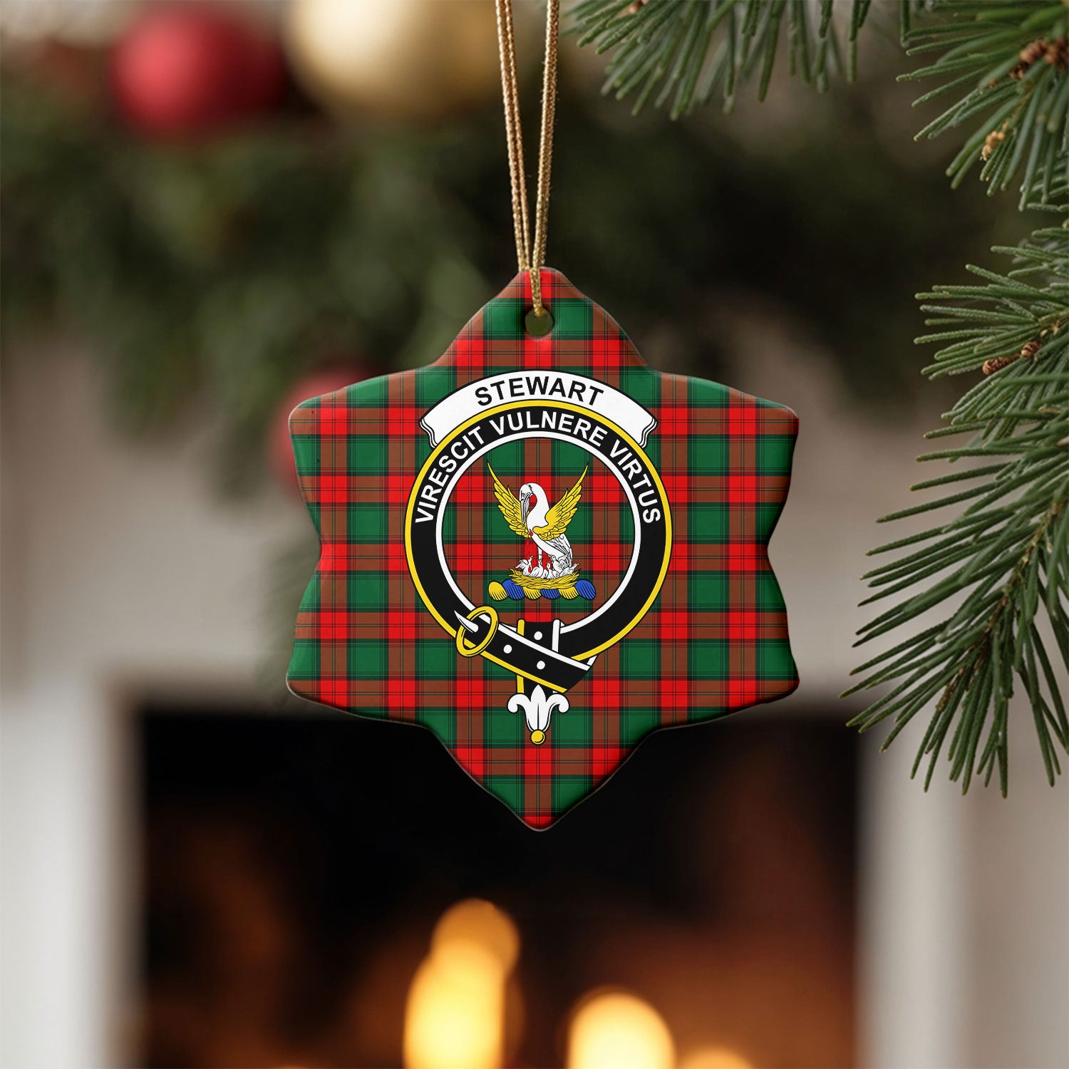 Stewart Atholl Modern Tartan Crest Christmas Ceramic Ornament