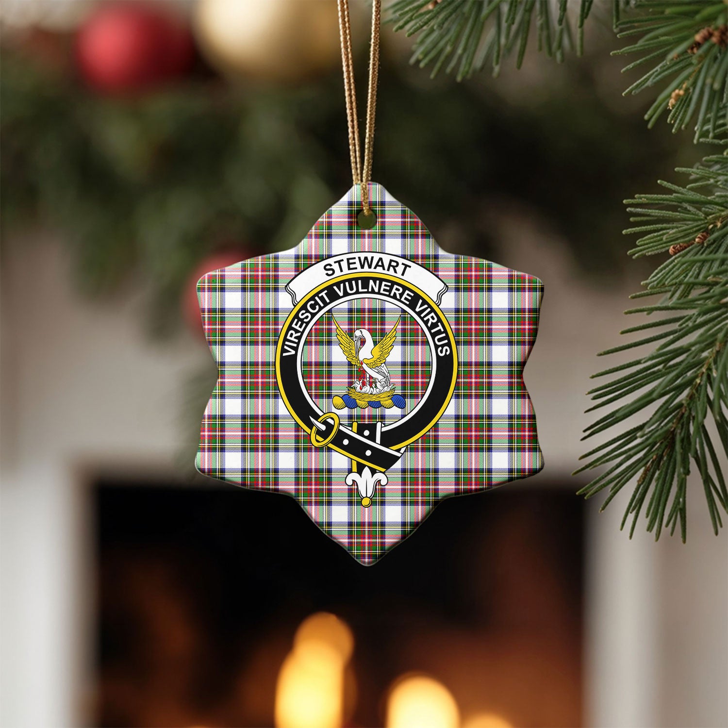 Stewart Dress Modern Tartan Crest Christmas Ceramic Ornament