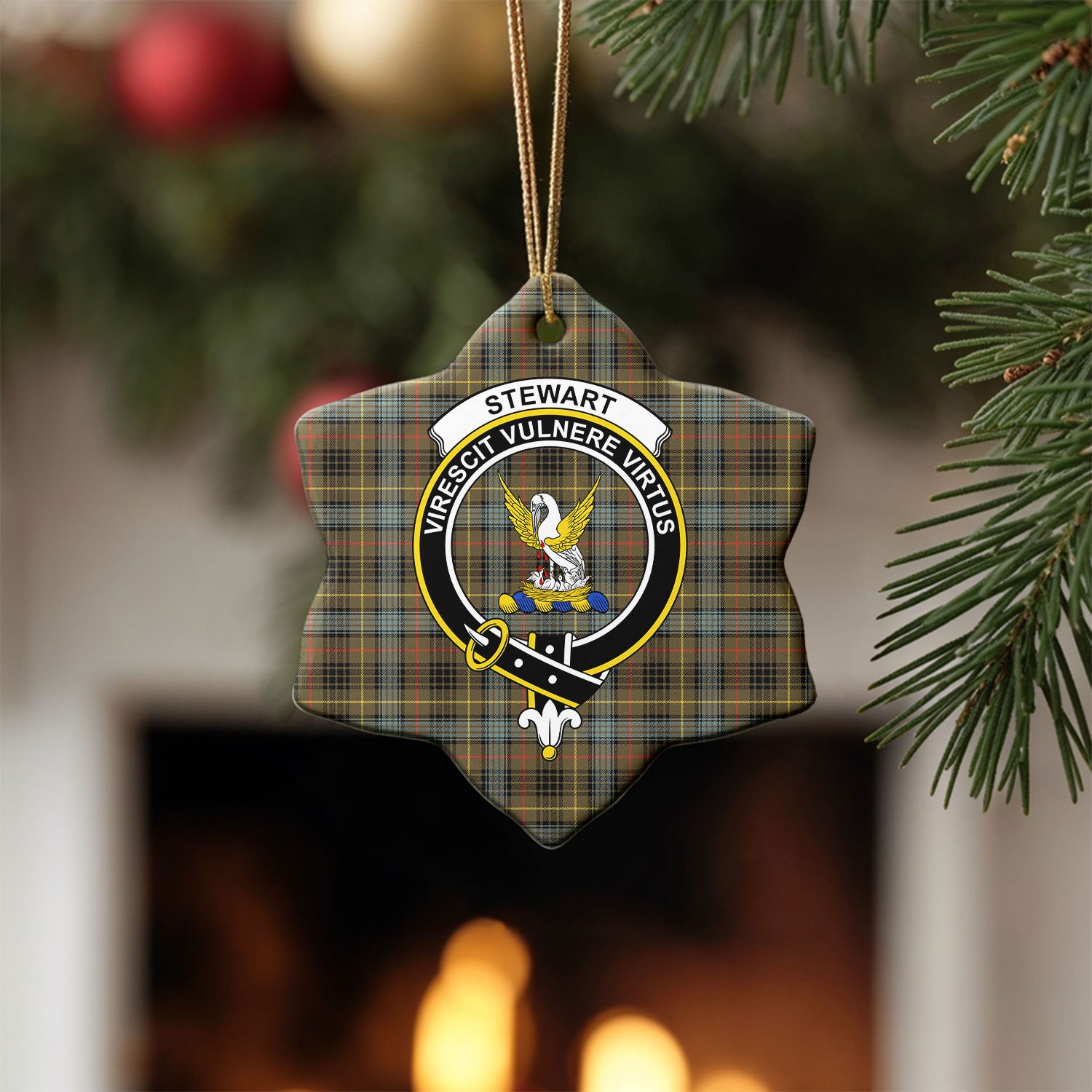 Stewart Hunting Weathered Tartan Crest Christmas Ceramic Ornament