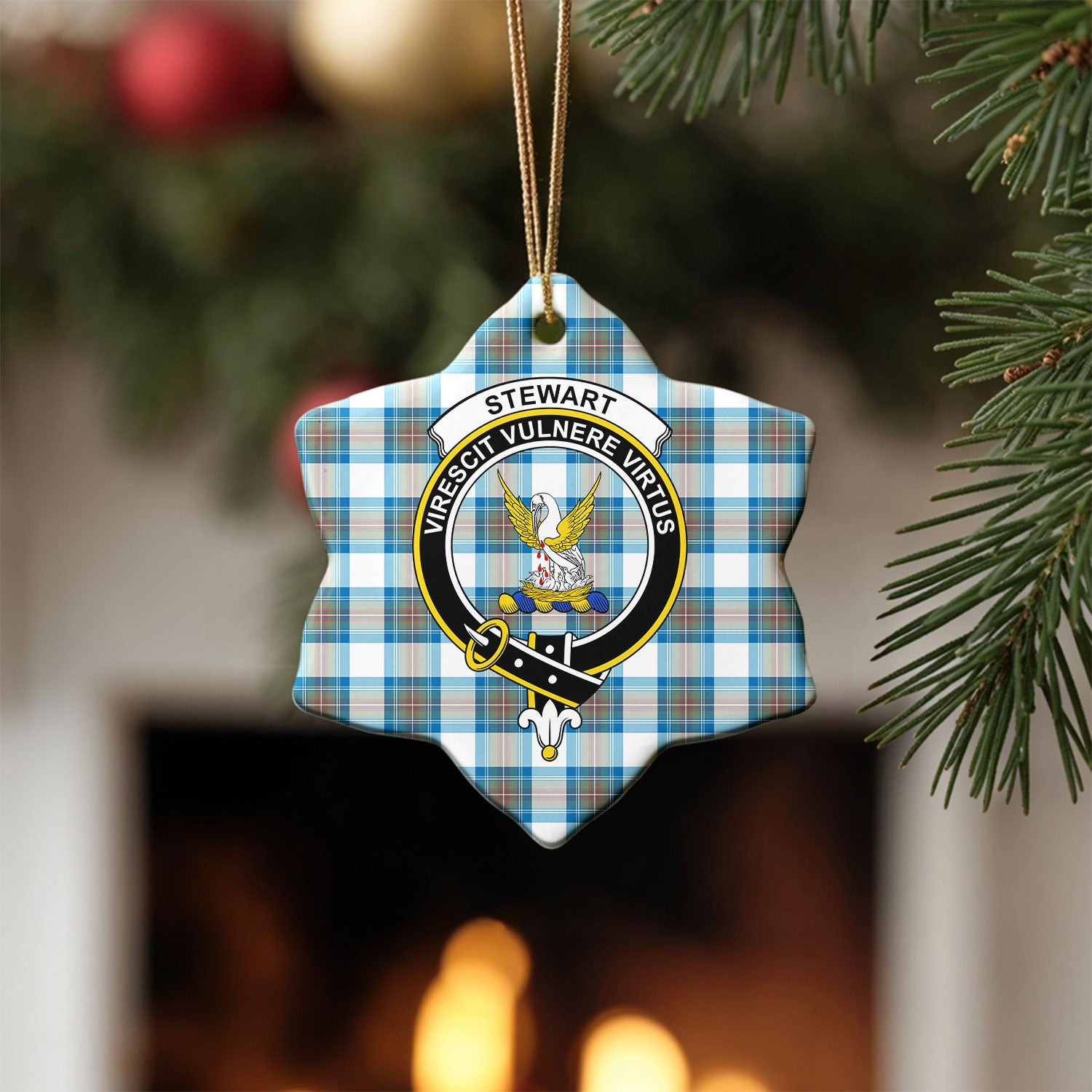 Stewart Muted Blue Tartan Crest Christmas Ceramic Ornament