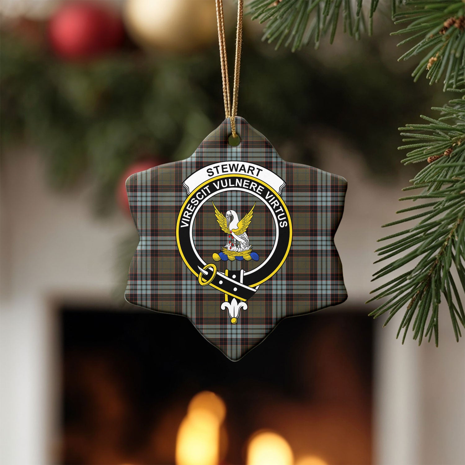 Stewart Old Weathered Tartan Crest Christmas Ceramic Ornament