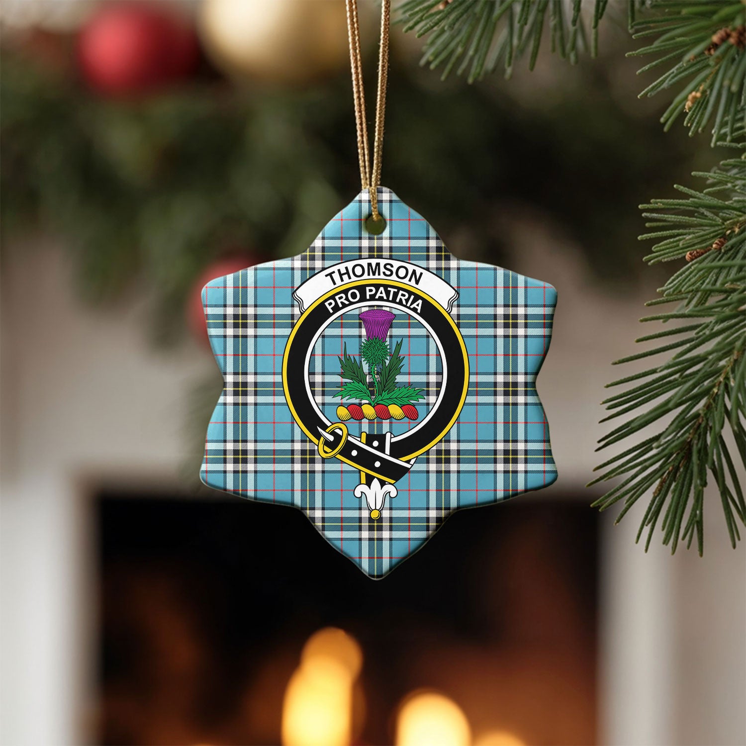 Thomson Blue Tartan Crest Christmas Ceramic Ornament