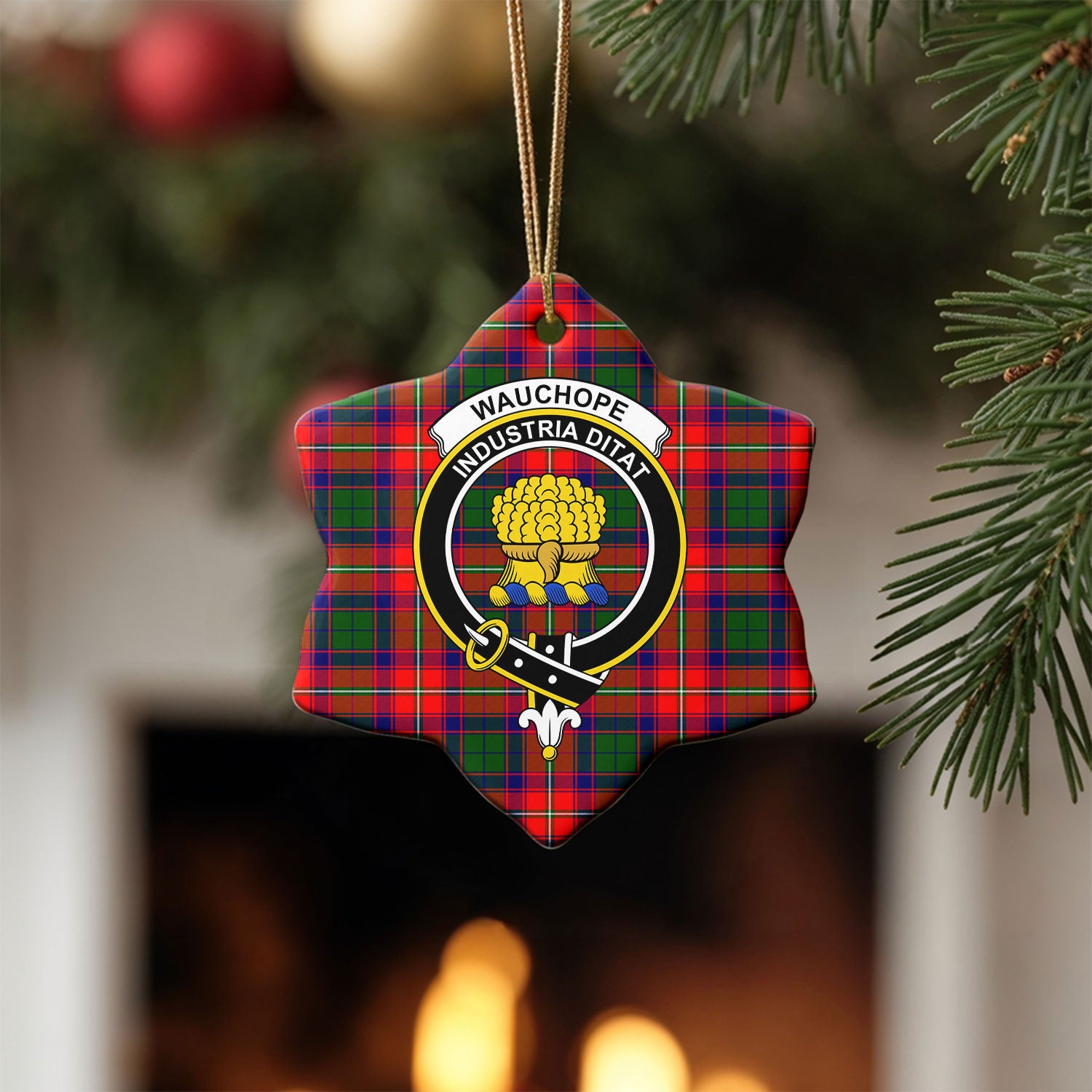 Wauchope (or Waugh) Tartan Crest Christmas Ceramic Ornament