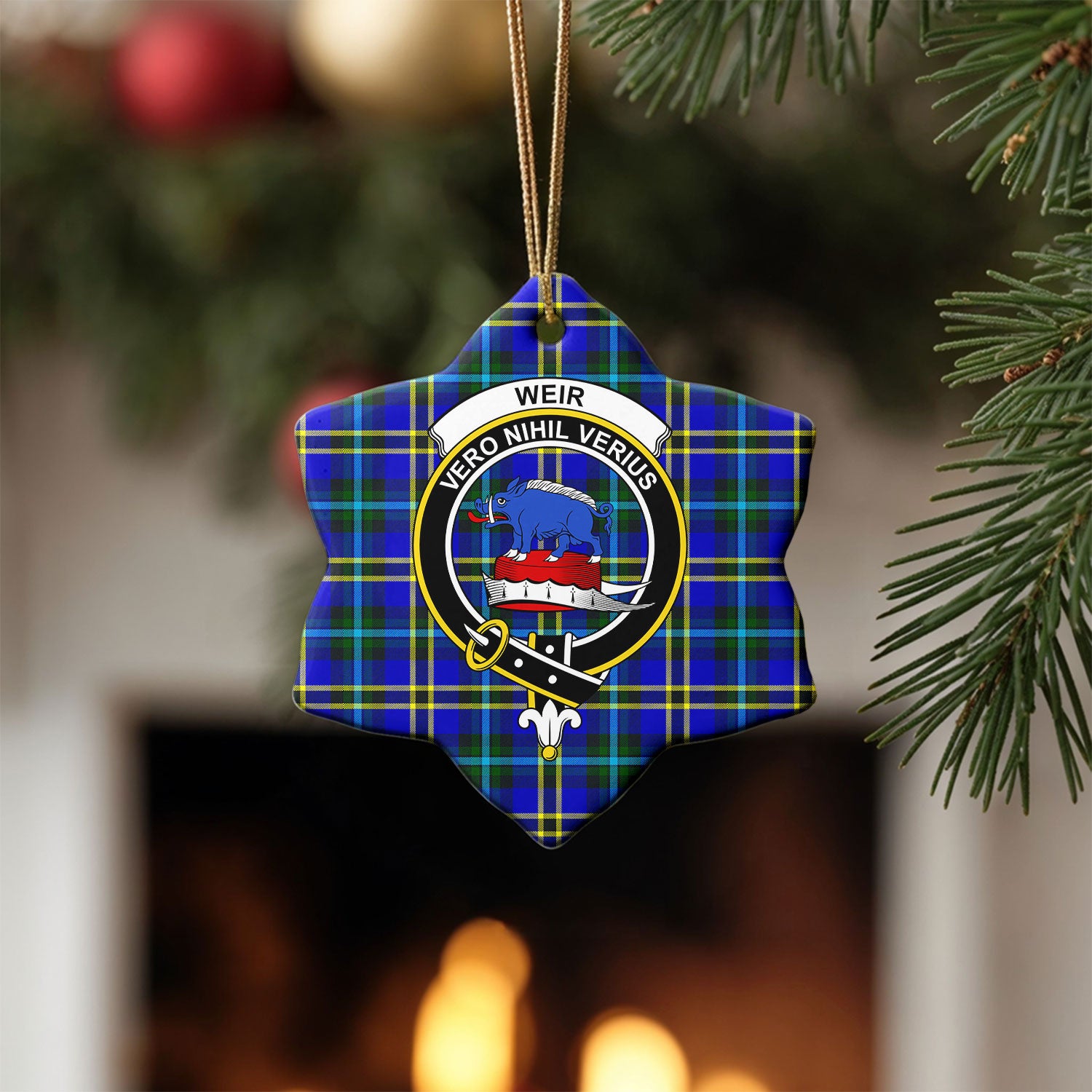 Weir Modern Tartan Crest Christmas Ceramic Ornament