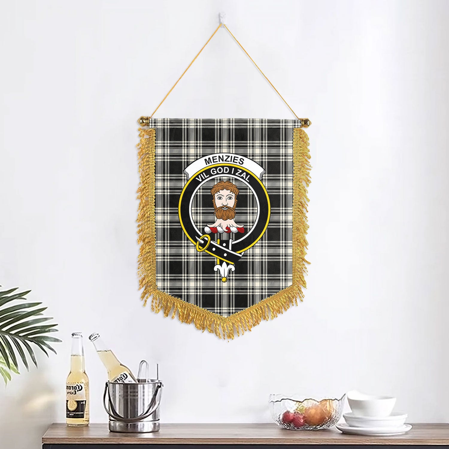 Menzies Black - White Ancient Tartan Crest Wall Hanging Banner