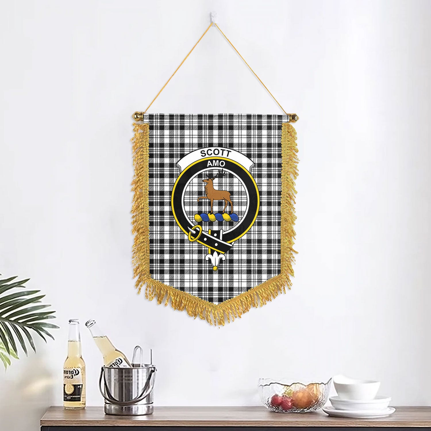 Scott Black & White Modern Tartan Crest Wall Hanging Banner