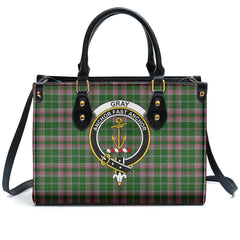 Gray Hunting Tartan Crest Leather Handbag