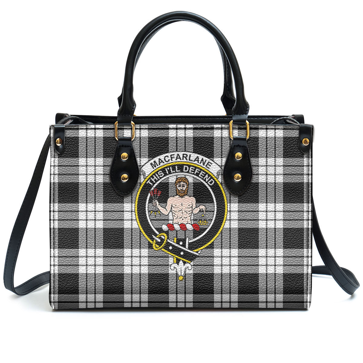 MacFarlane Black _ White Tartan Crest Leather Handbag