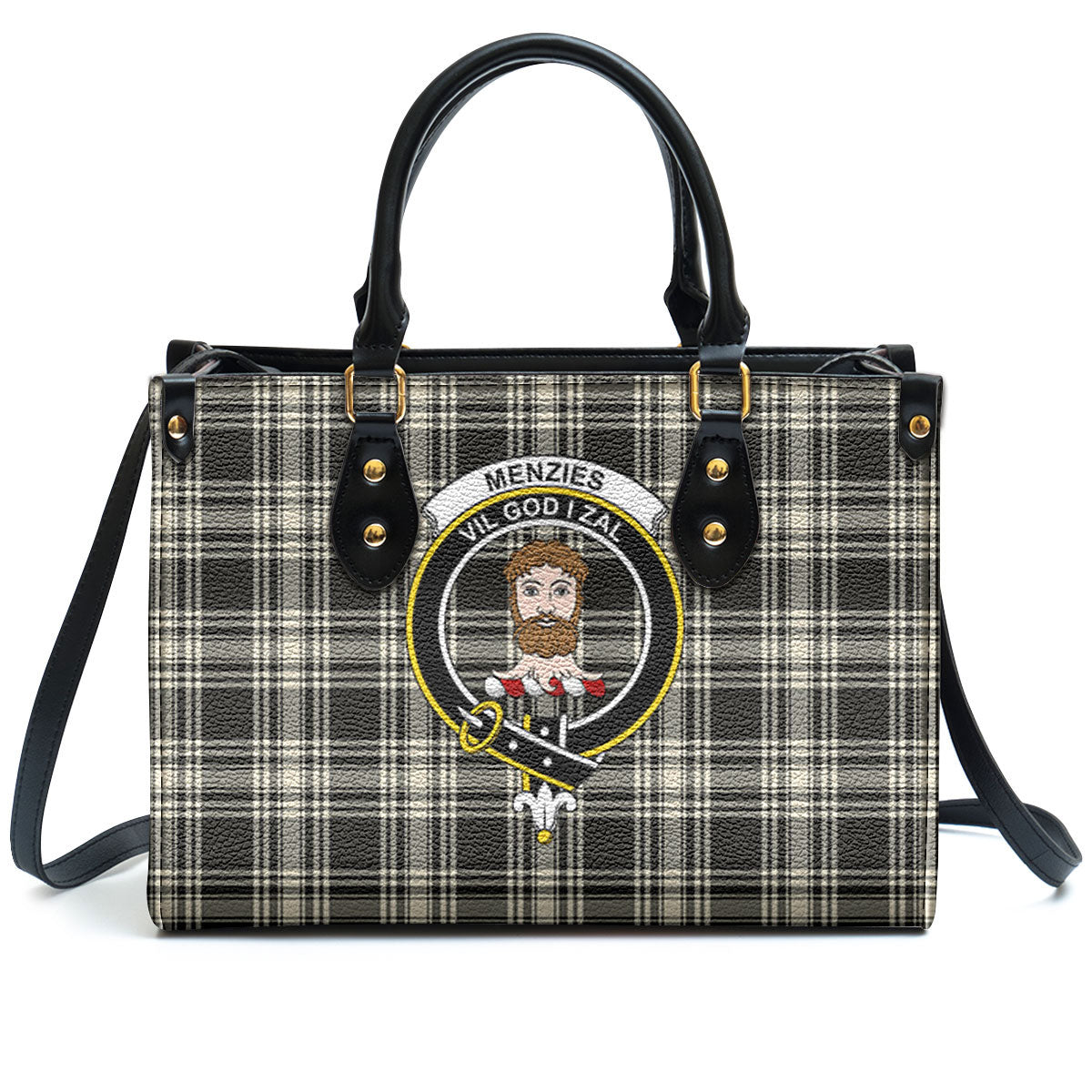 Menzies Black - White Ancient Tartan Crest Leather Handbag