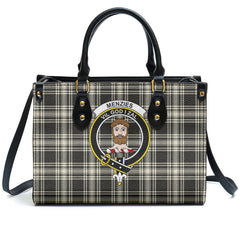 Menzies Black - White Ancient Tartan Crest Leather Handbag