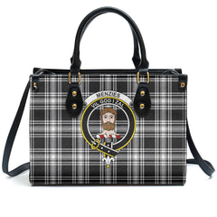 Menzies Black - White Modern Tartan Crest Leather Handbag