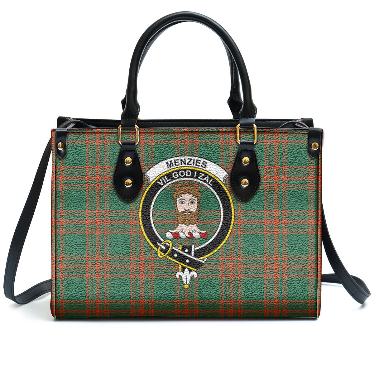 Menzies Green Ancient Tartan Crest Leather Handbag