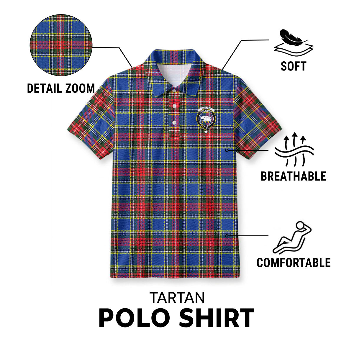 Beaton Modern Tartan Crest Birdseye Mesh Polo Shirt