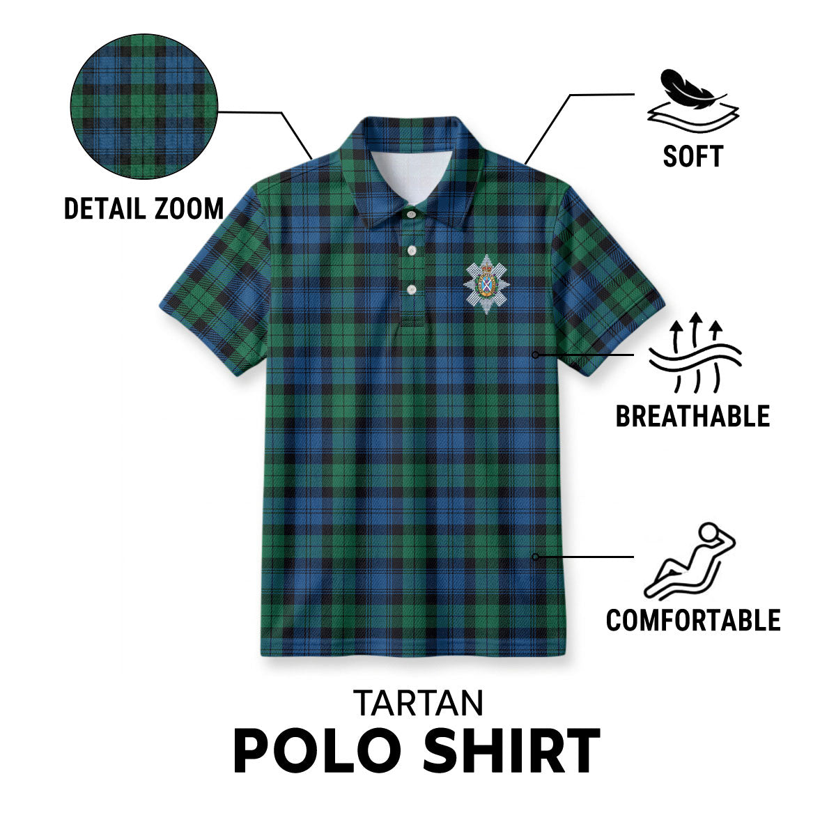 Black Watch Ancient Tartan Crest Birdseye Mesh Polo Shirt