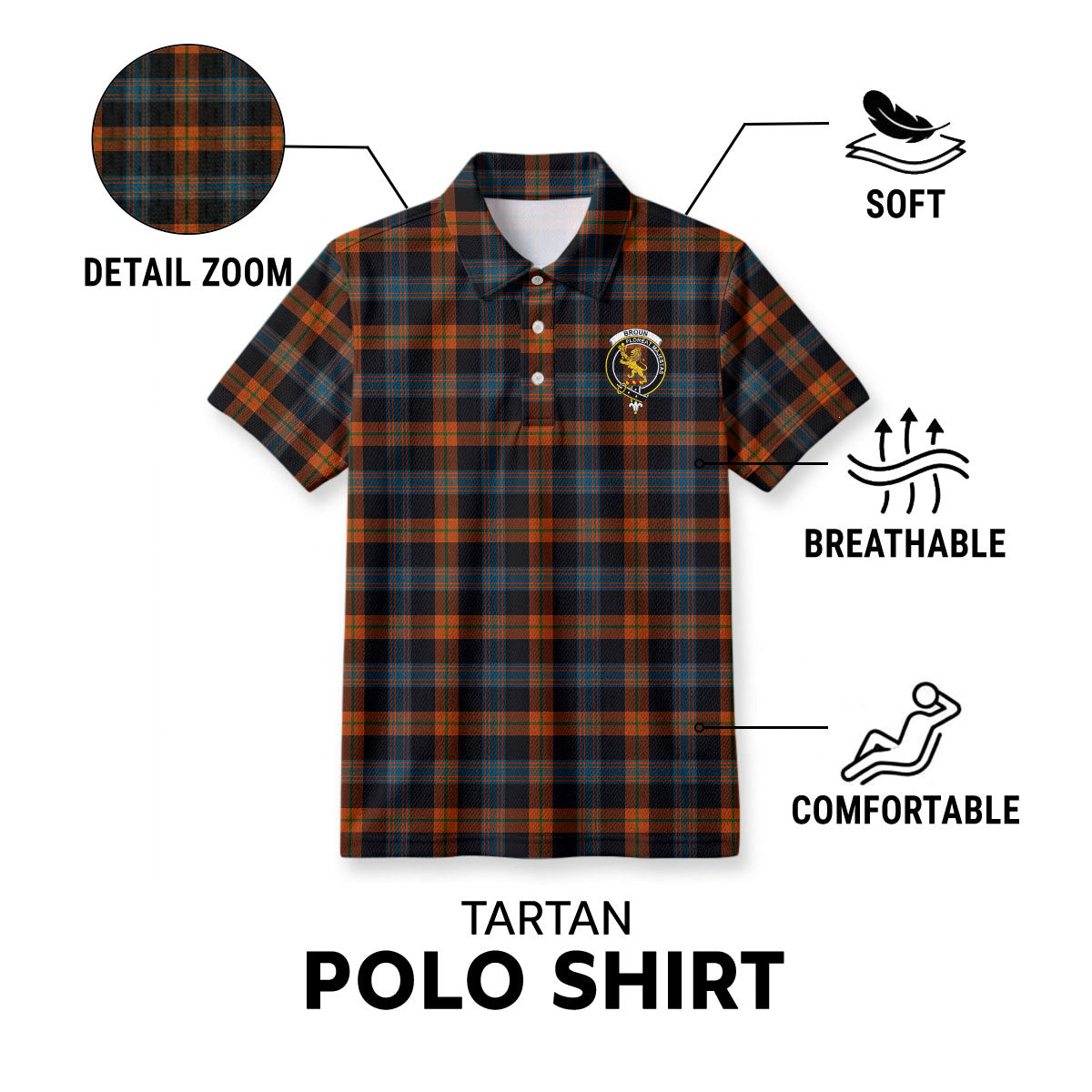 Broun Ancient Tartan Crest Birdseye Mesh Polo Shirt