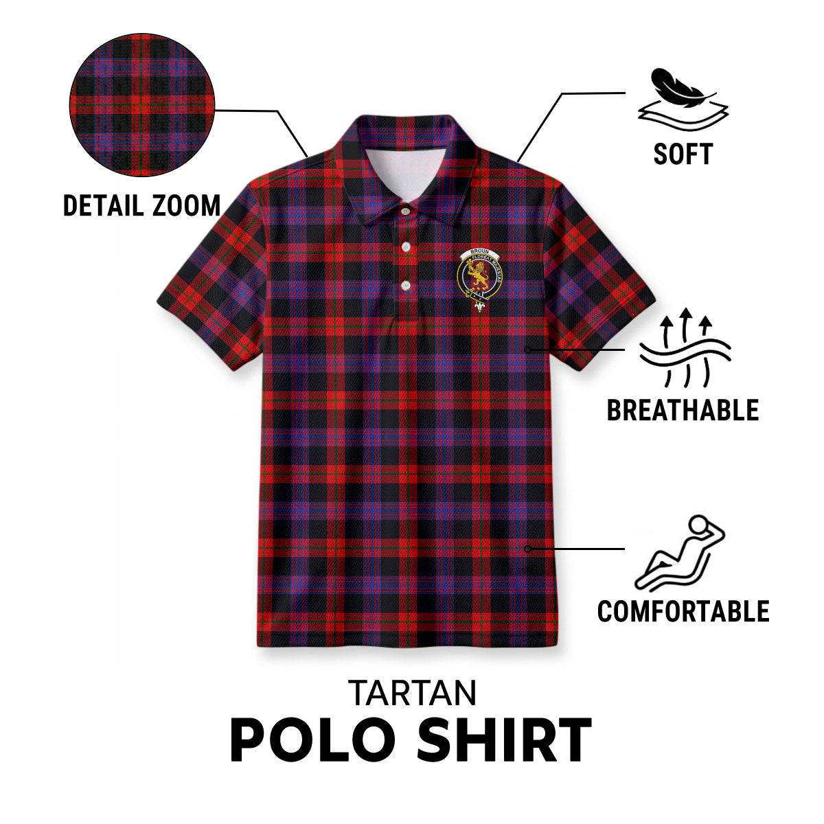 Broun Modern Tartan Crest Birdseye Mesh Polo Shirt