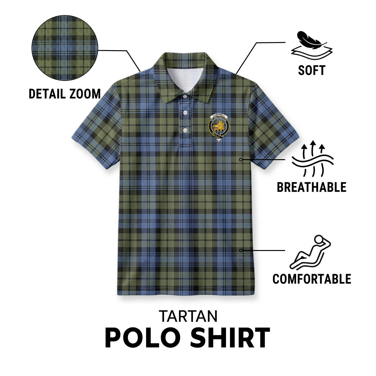 Campbell Faded Tartan Crest Birdseye Mesh Polo Shirt