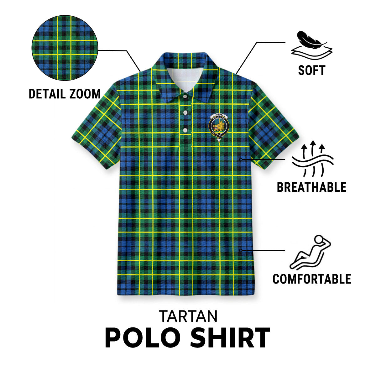Campbell of Breadalbane Ancient Tartan Crest Birdseye Mesh Polo Shirt