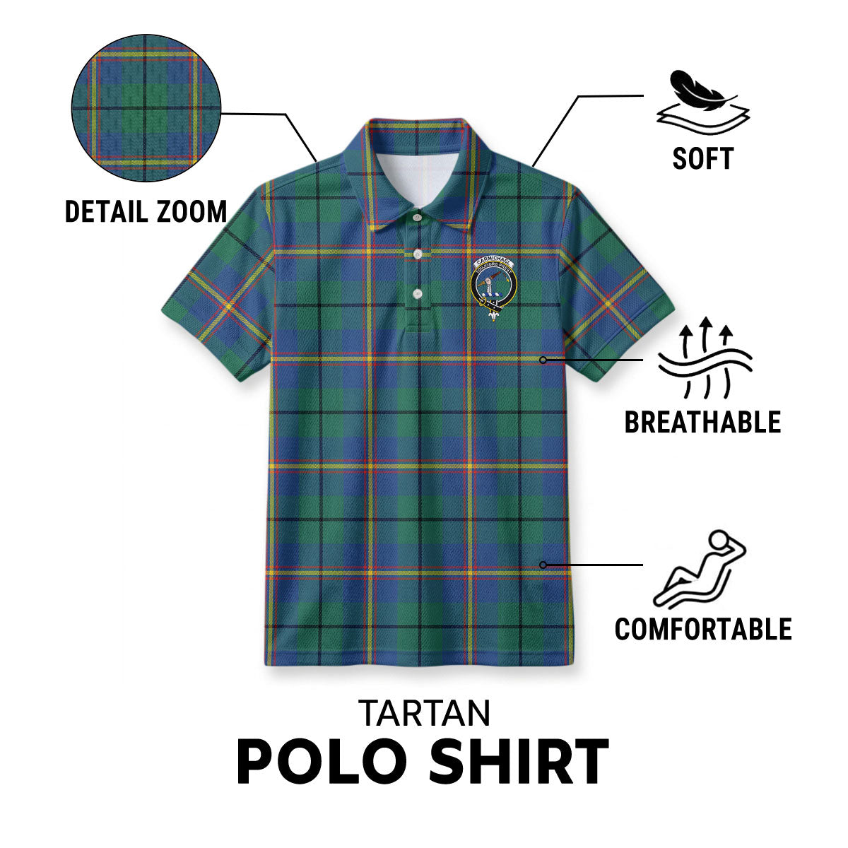 Carmichael Ancient Tartan Crest Birdseye Mesh Polo Shirt