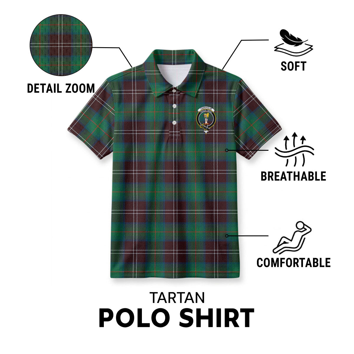 Chisholm Hunting Ancient Tartan Crest Birdseye Mesh Polo Shirt