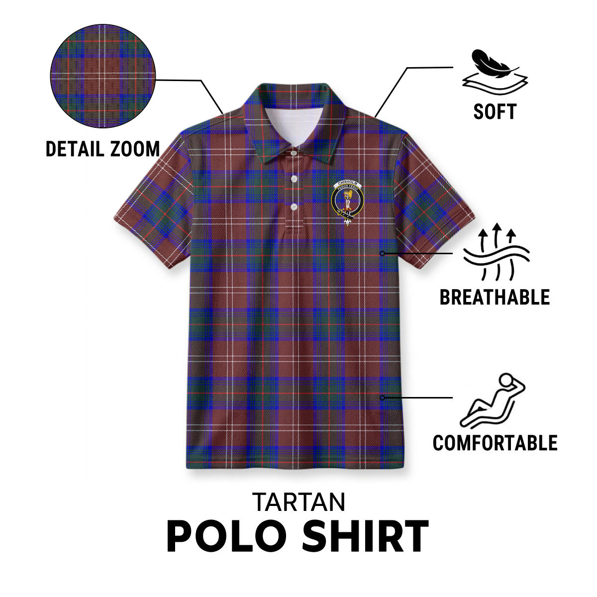 Chisholm Hunting Modern Tartan Crest Birdseye Mesh Polo Shirt