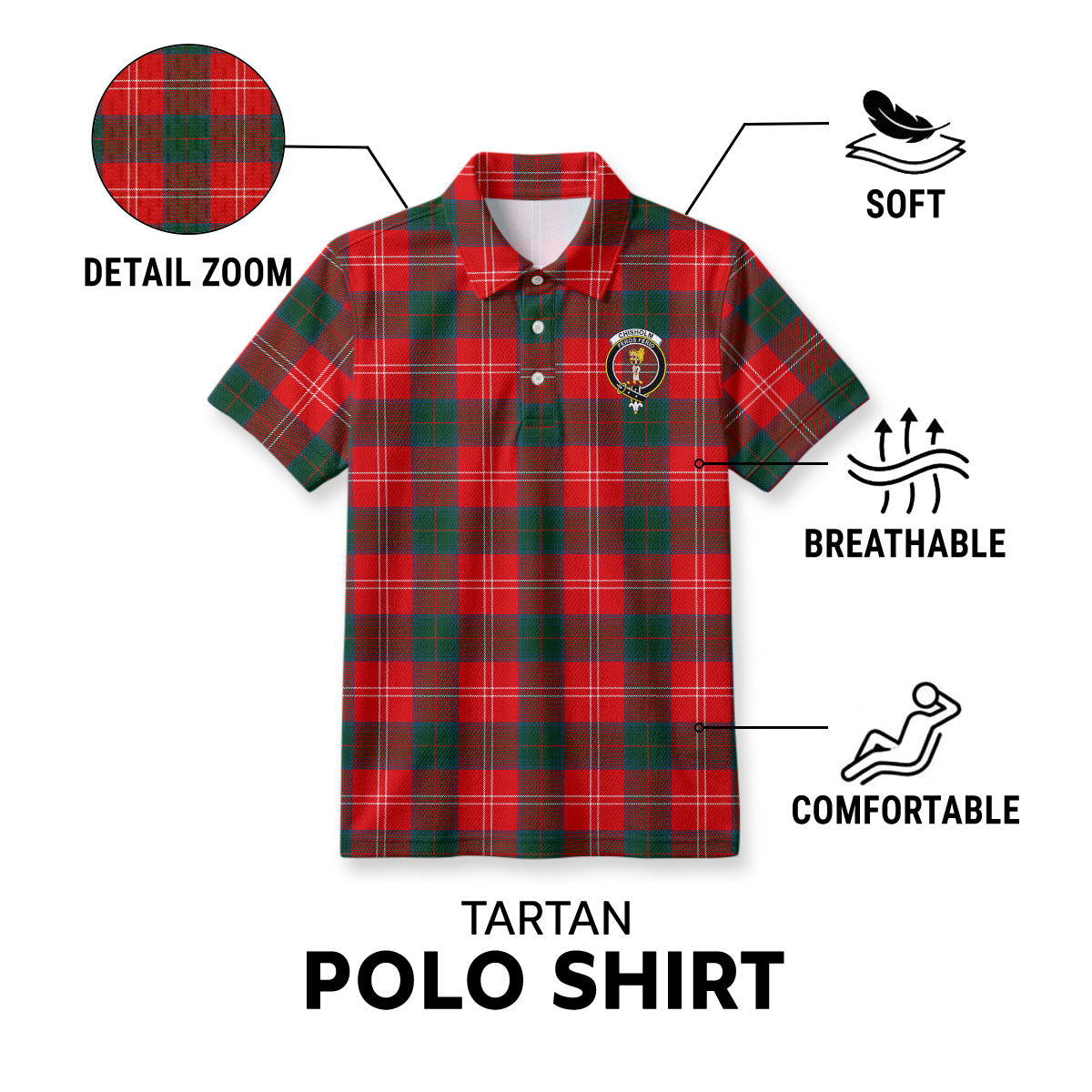 Chisholm Modern Tartan Crest Birdseye Mesh Polo Shirt