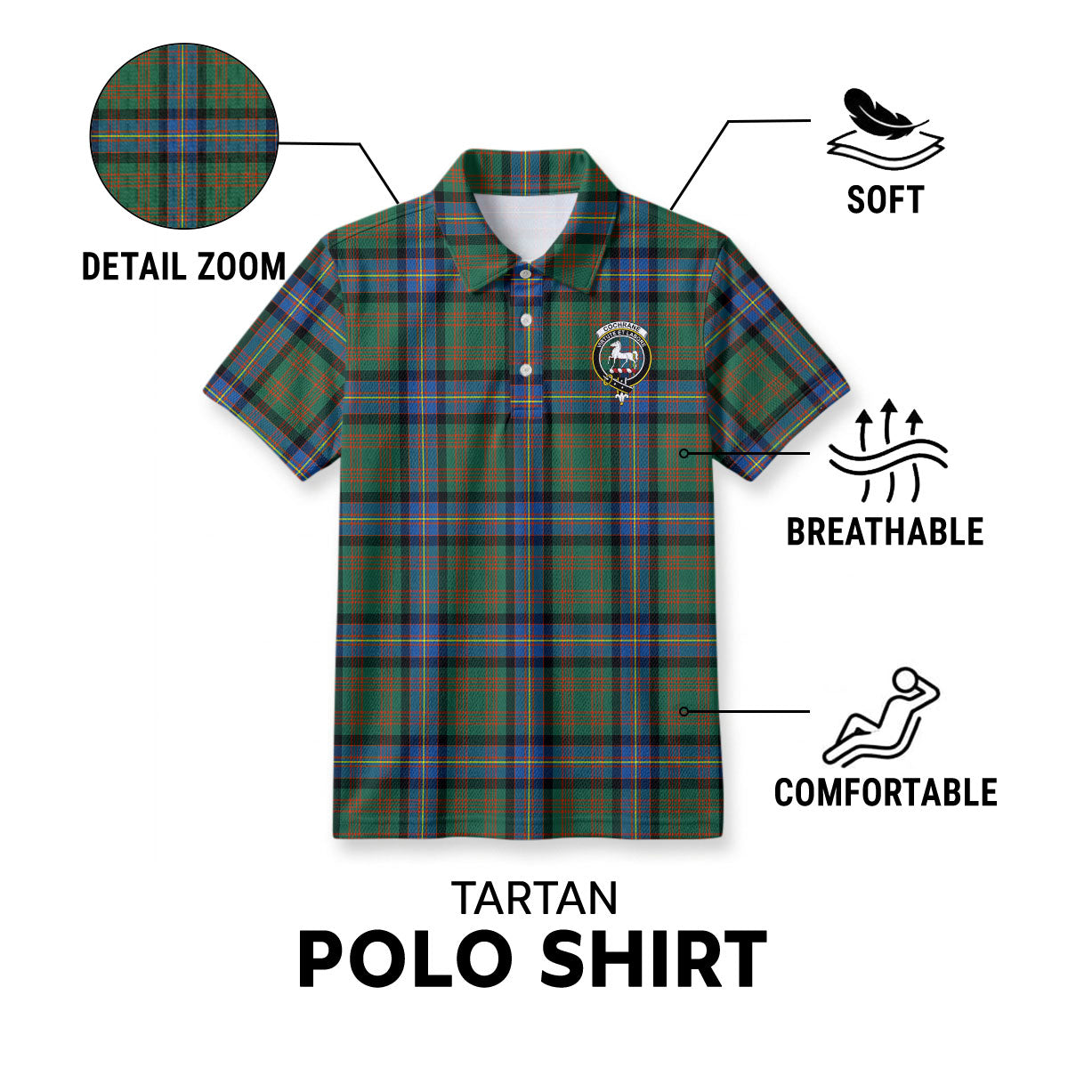 Cochrane Ancient Tartan Crest Birdseye Mesh Polo Shirt