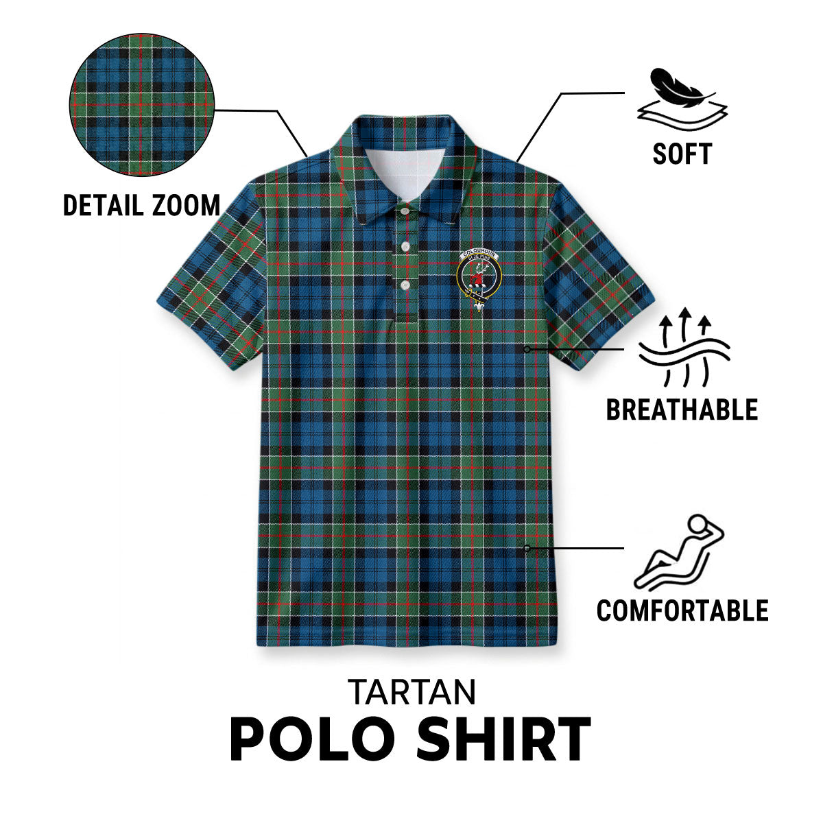 Colquhoun Ancient Tartan Crest Birdseye Mesh Polo Shirt