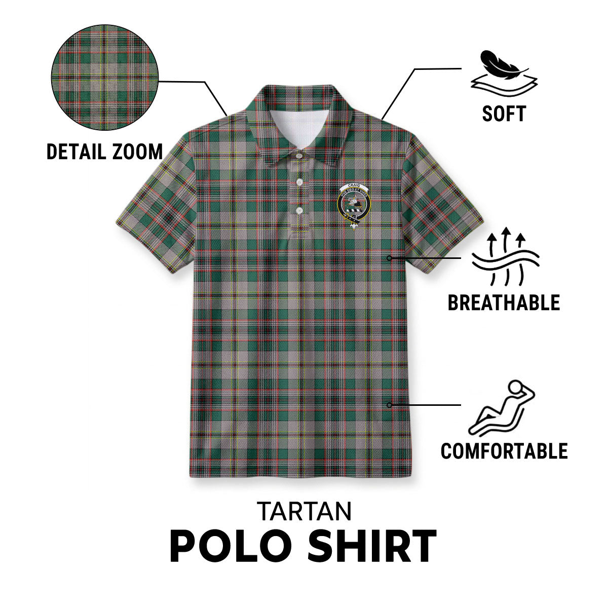 Craig Ancient Tartan Crest Birdseye Mesh Polo Shirt