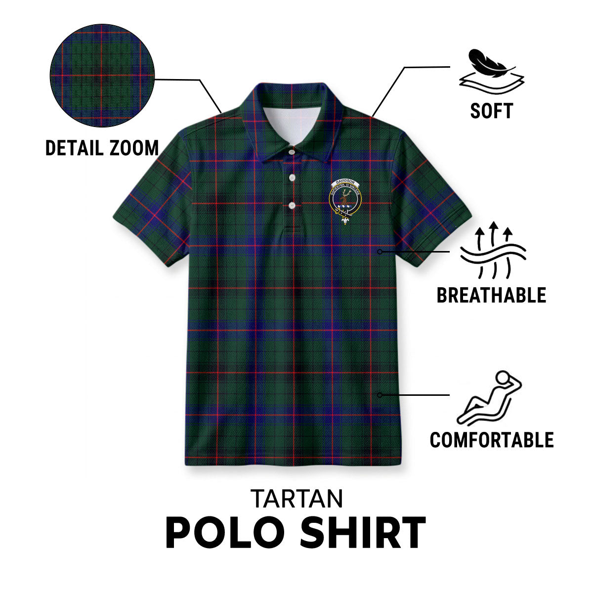 Davidson Modern Tartan Crest Birdseye Mesh Polo Shirt