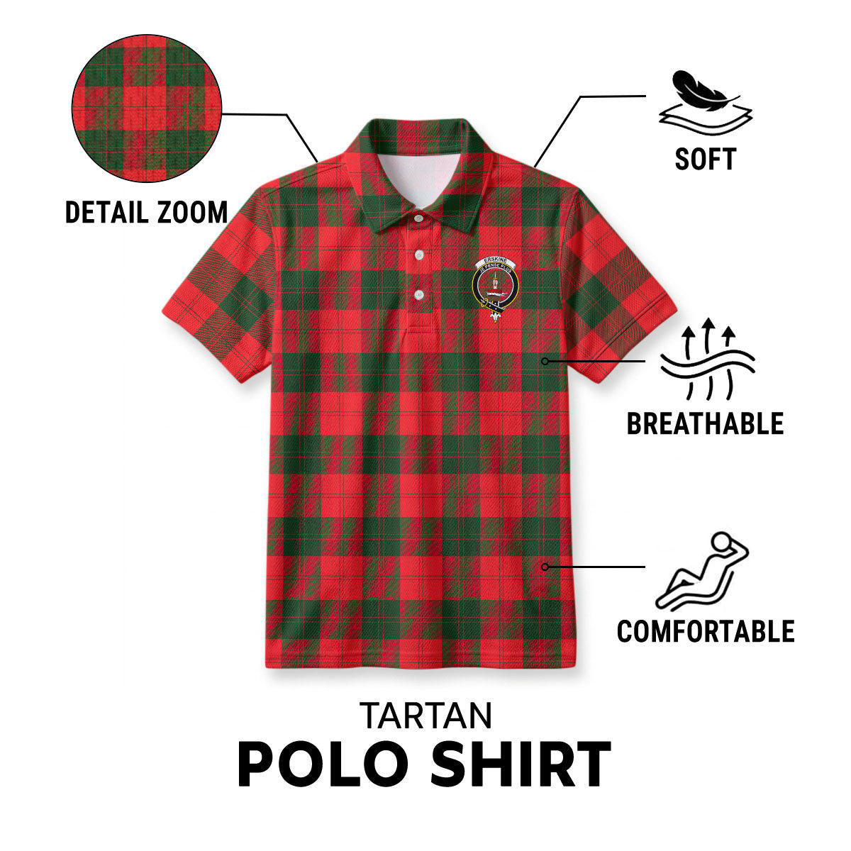 Erskine Modern Tartan Crest Birdseye Mesh Polo Shirt