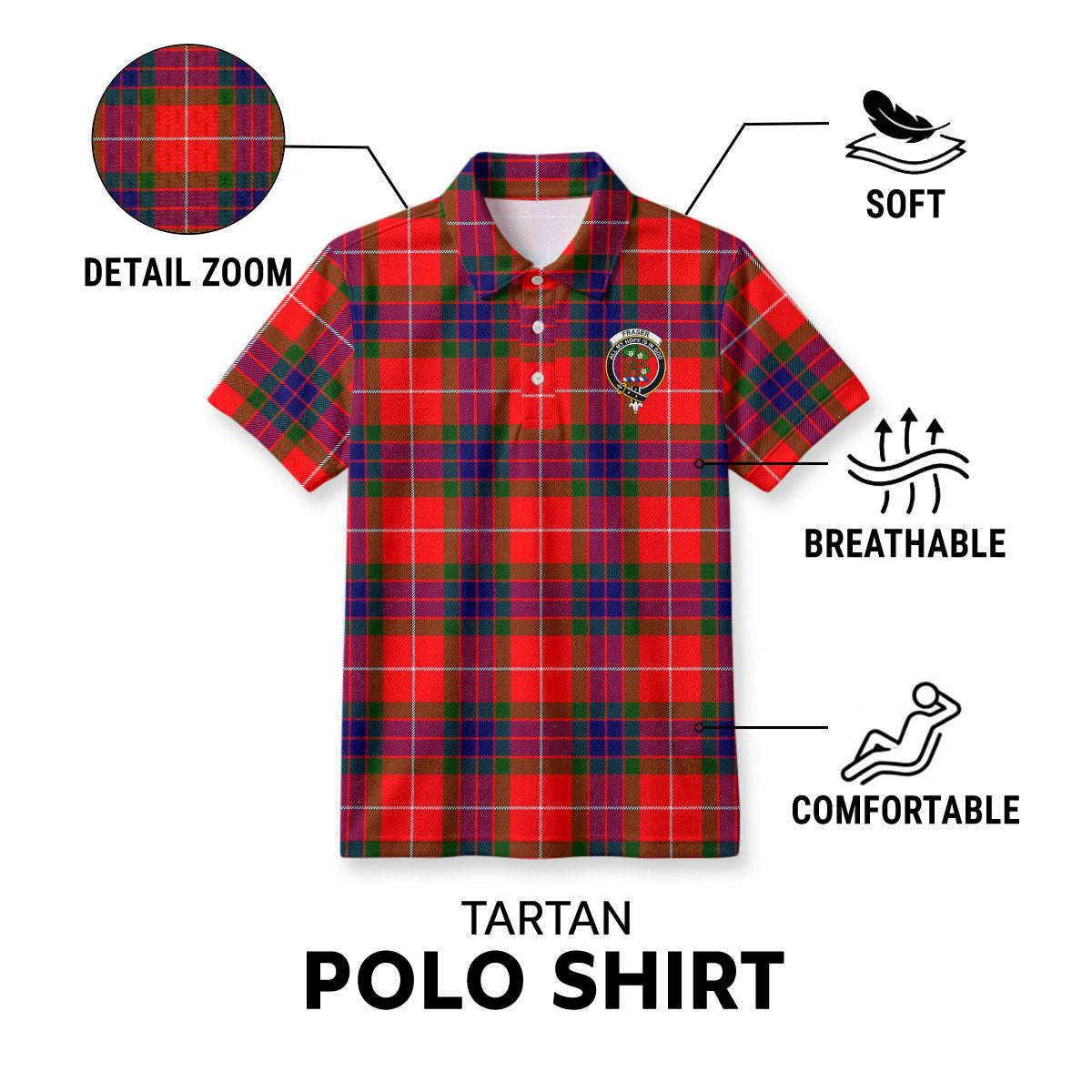 Fraser Tartan Crest Birdseye Mesh Polo Shirt