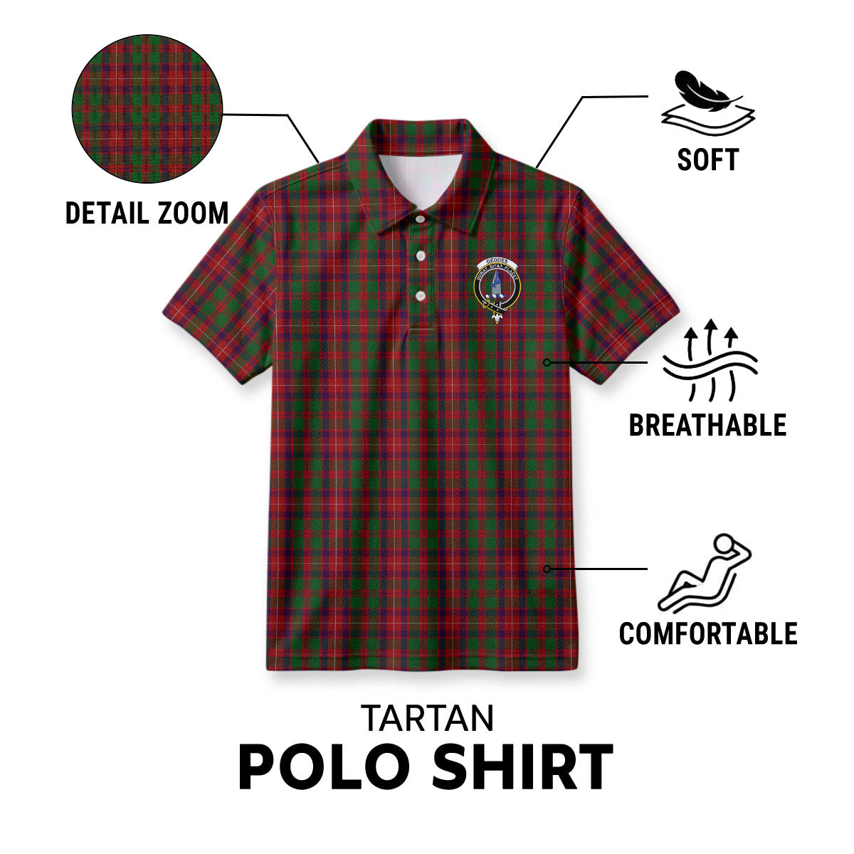 Geddes Tartan Crest Birdseye Mesh Polo Shirt
