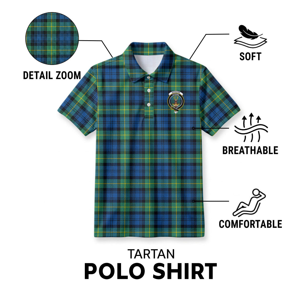 Gordon Ancient Tartan Crest Birdseye Mesh Polo Shirt