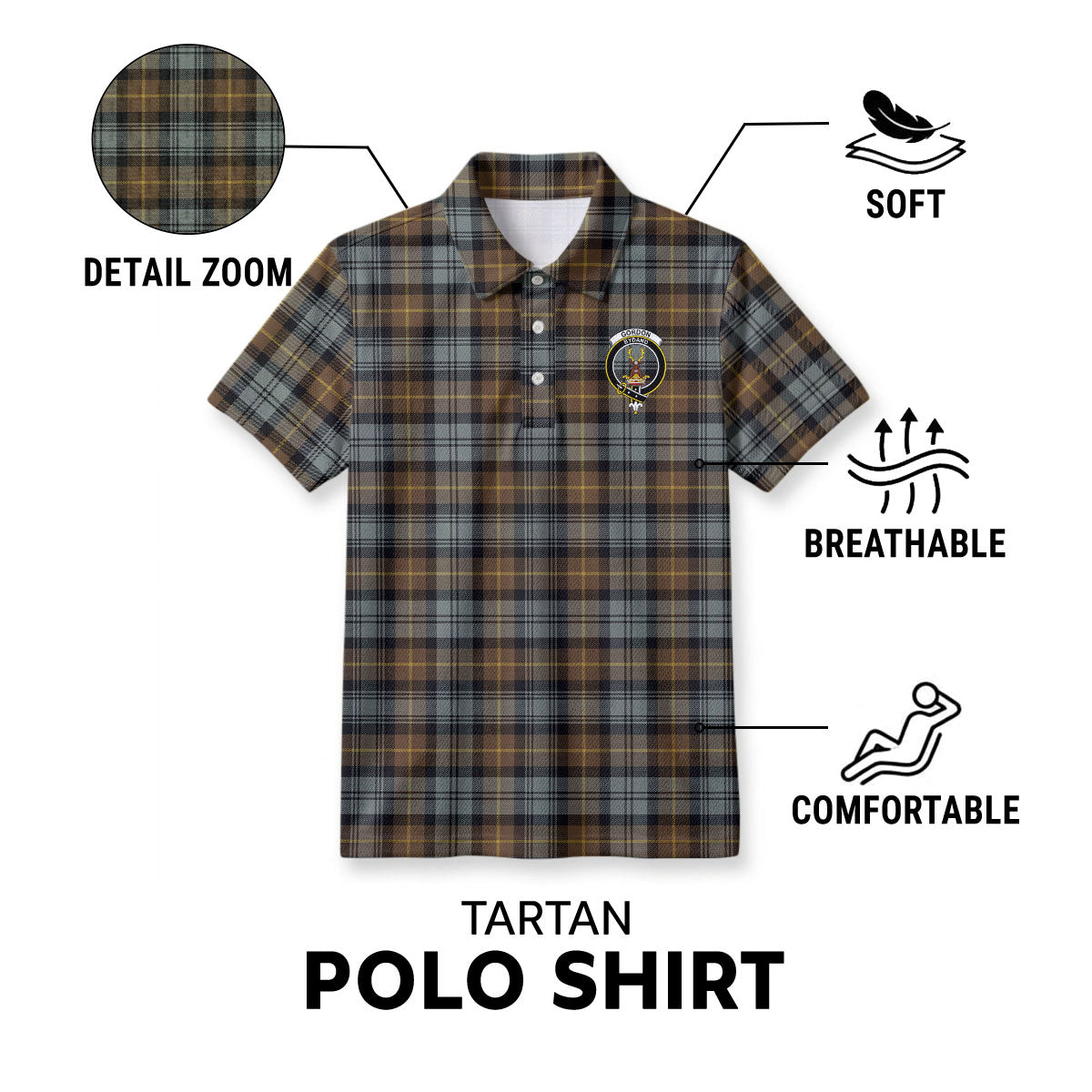 Gordon Weathered Tartan Crest Birdseye Mesh Polo Shirt