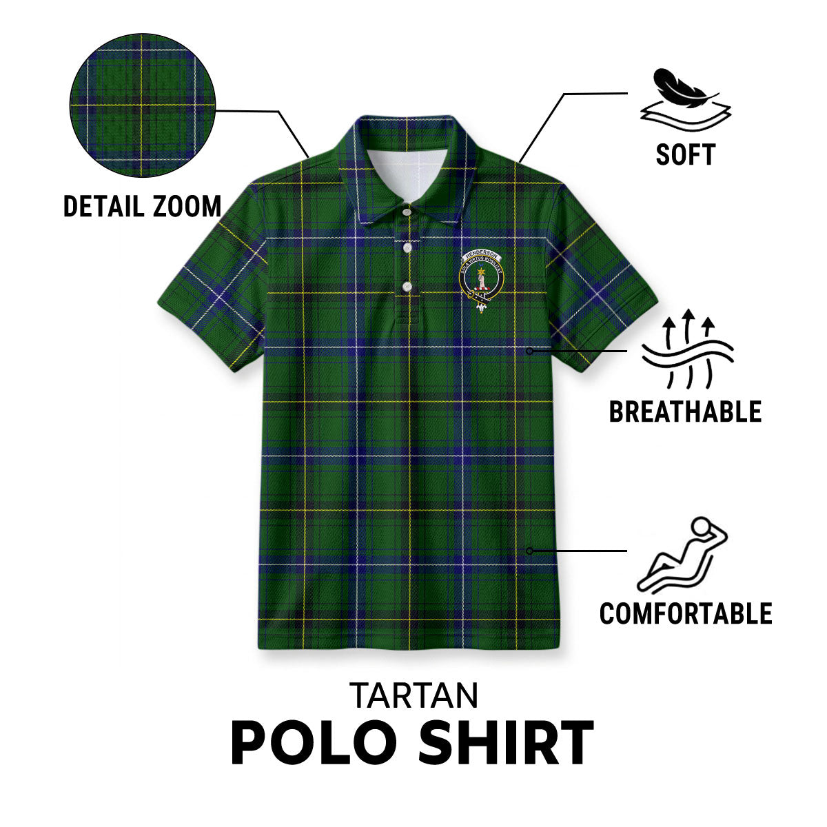 Henderson Modern Tartan Crest Birdseye Mesh Polo Shirt