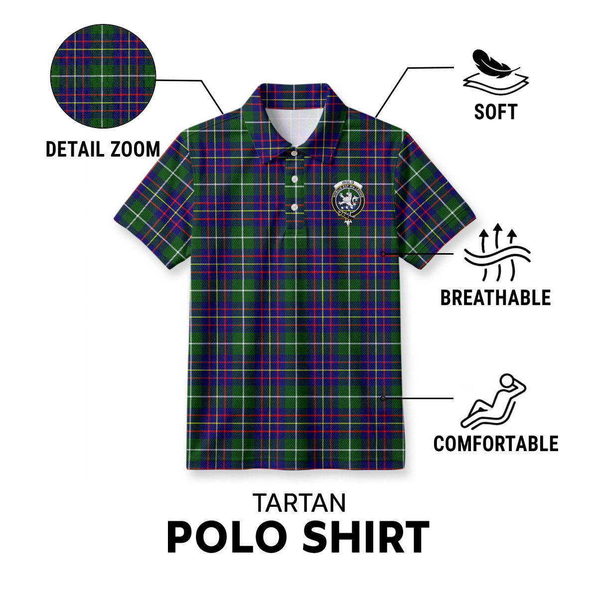 Inglis Modern Tartan Crest Birdseye Mesh Polo Shirt