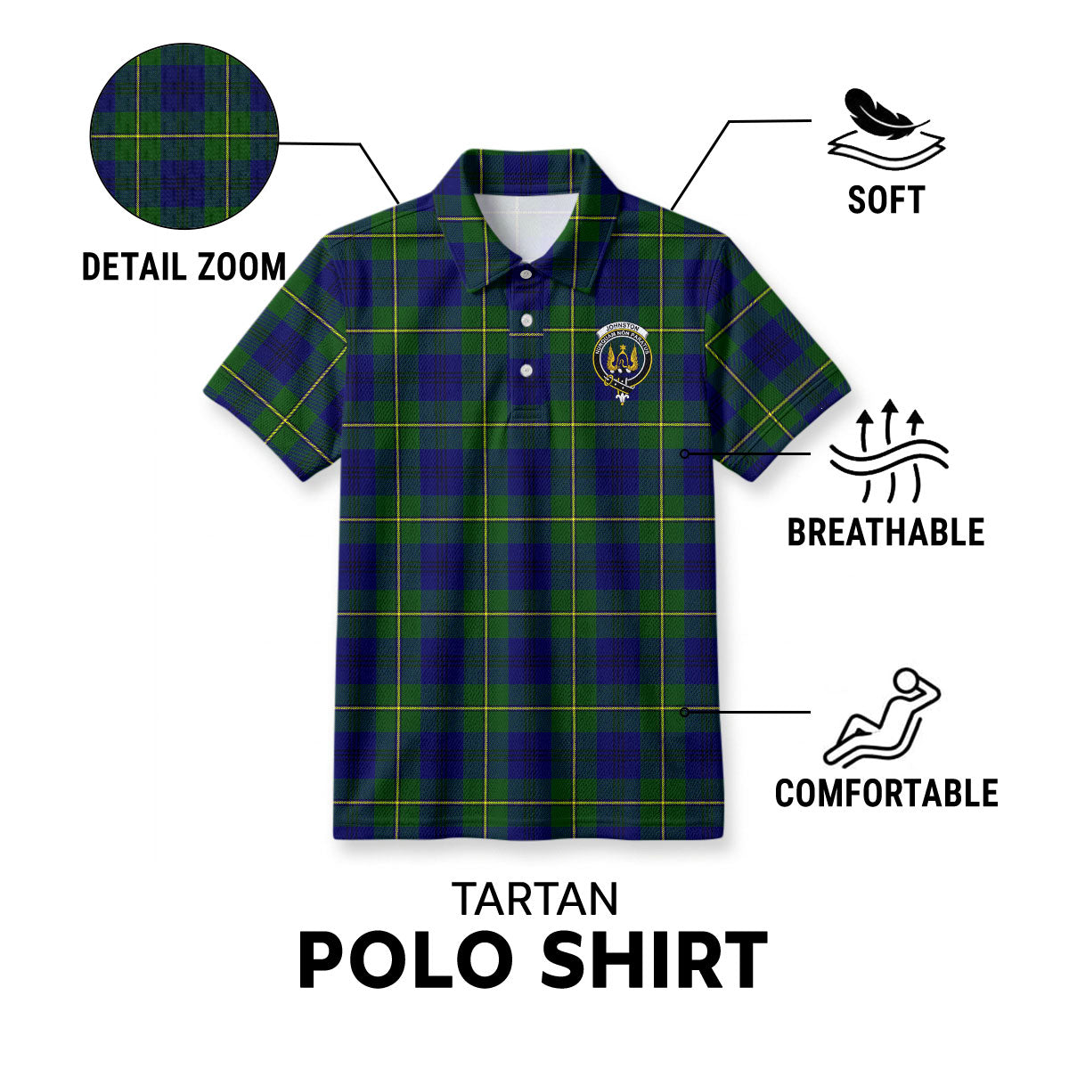 Johnston Modern Tartan Crest Birdseye Mesh Polo Shirt