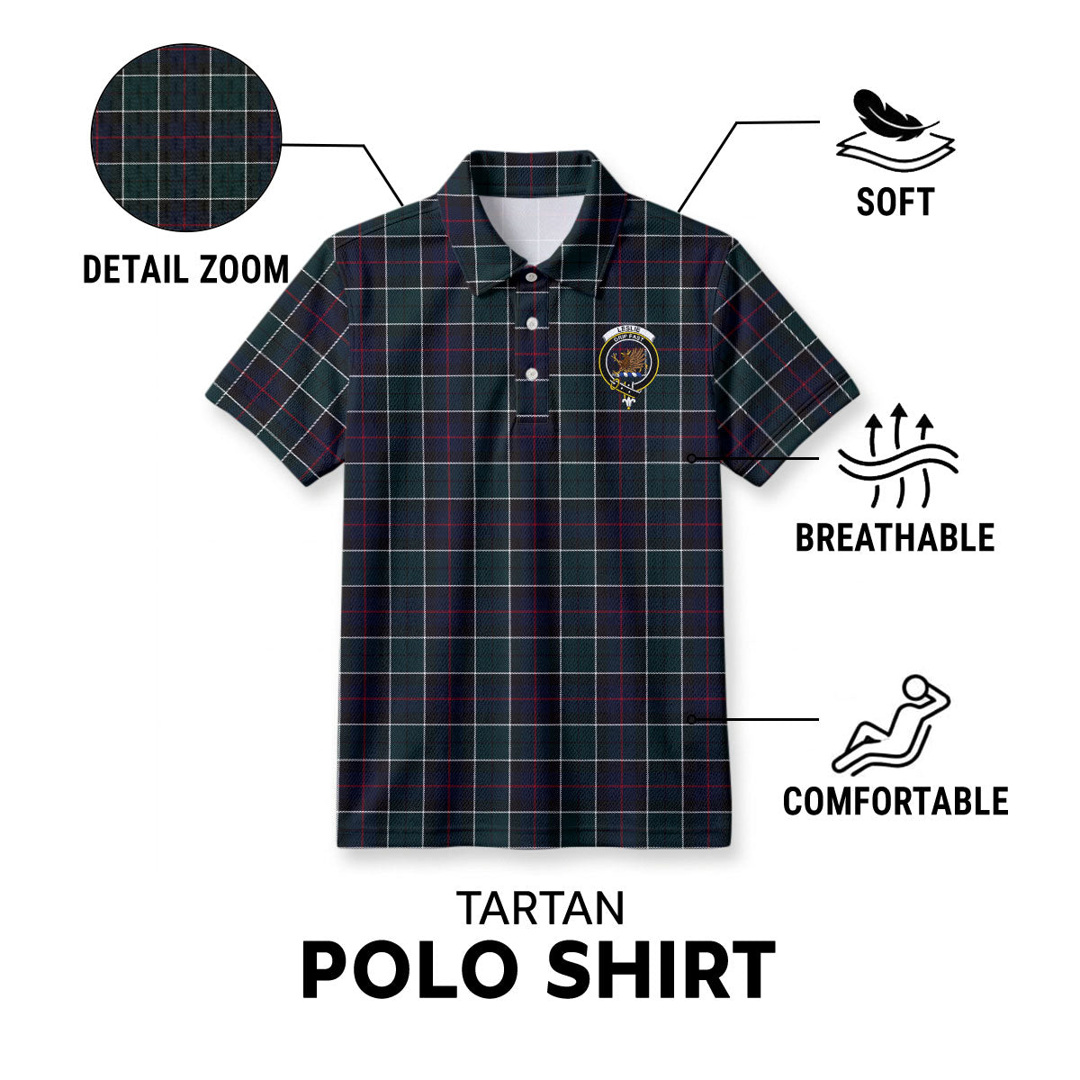 Leslie Hunting Modern Tartan Crest Birdseye Mesh Polo Shirt