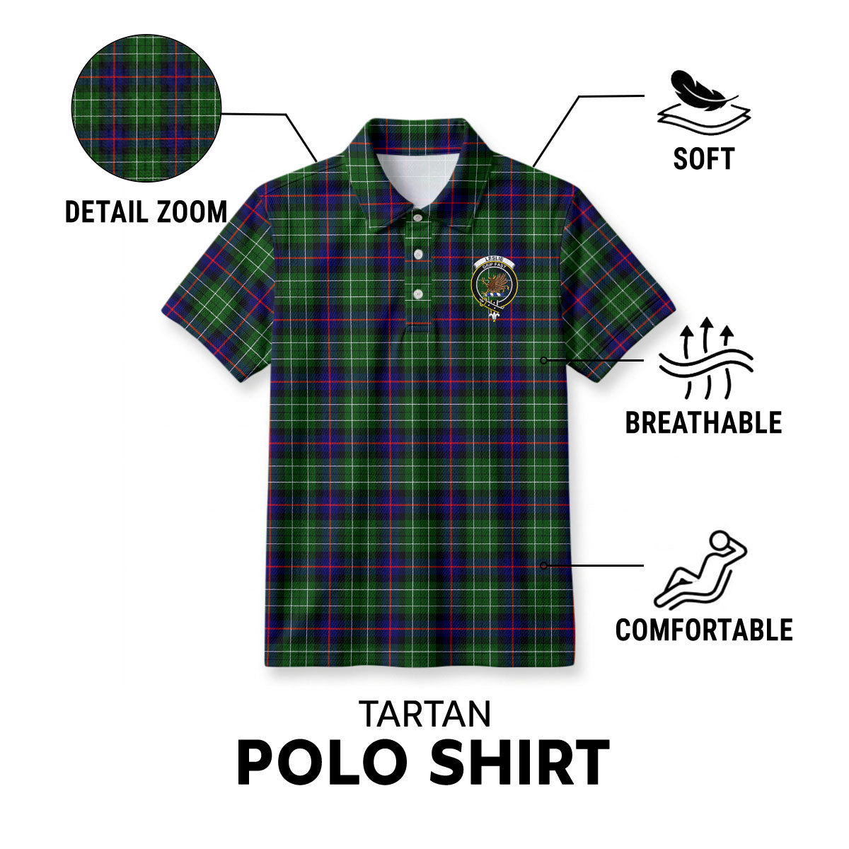 Leslie Hunting Tartan Crest Birdseye Mesh Polo Shirt